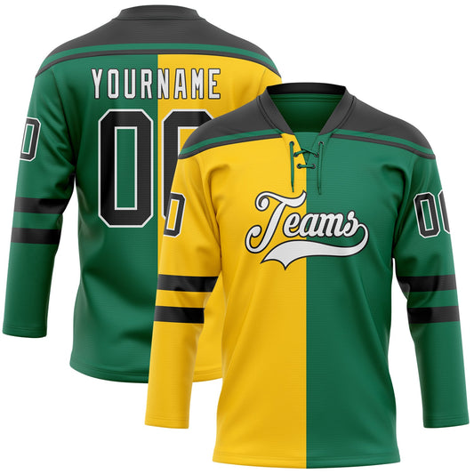 Custom Kelly Green Black Yellow-White Split Fashion Hockey Lace Neck Jersey - Main View
