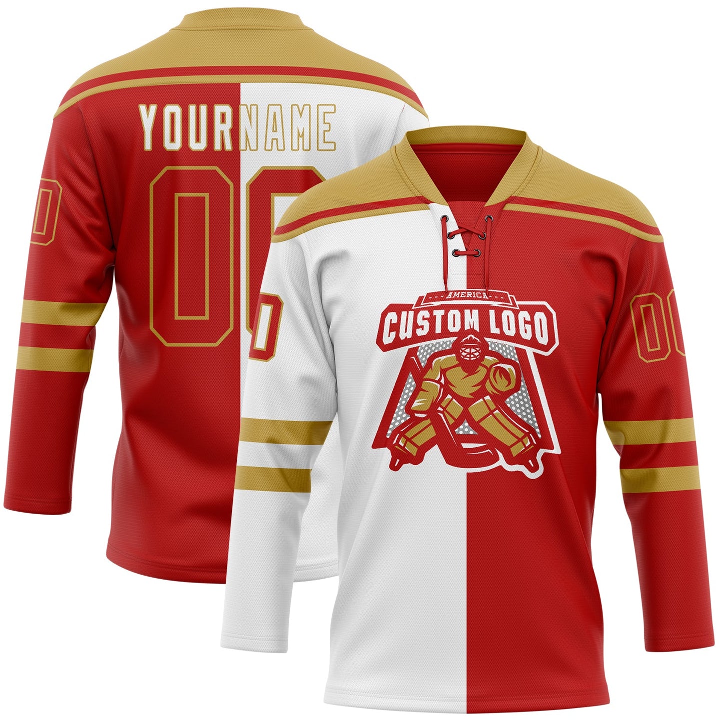 Custom Red Old Gold-White Split Fashion Hockey Lace Neck Jersey view 2