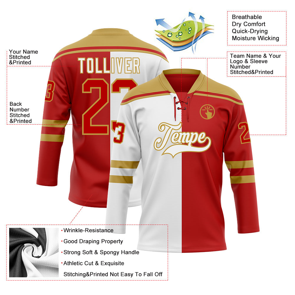 Custom Red Old Gold-White Split Fashion Hockey Lace Neck Jersey view 5
