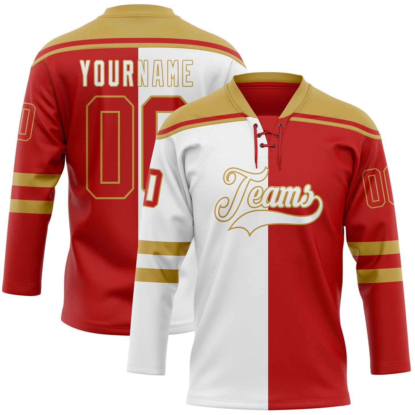 Custom Red Old Gold-White Split Fashion Hockey Lace Neck Jersey - Main View
