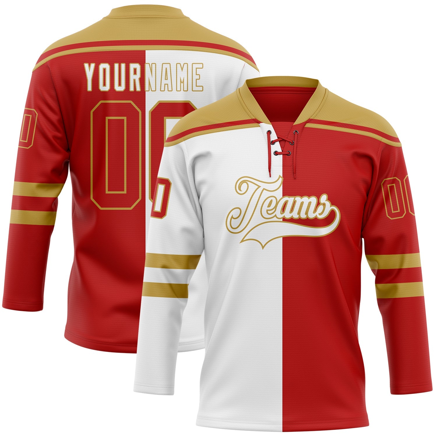 Custom Red Old Gold-White Split Fashion Hockey Lace Neck Jersey - Main View