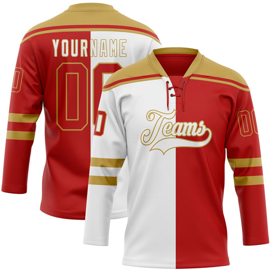 Custom Red Old Gold-White Split Fashion Hockey Lace Neck Jersey - Main View