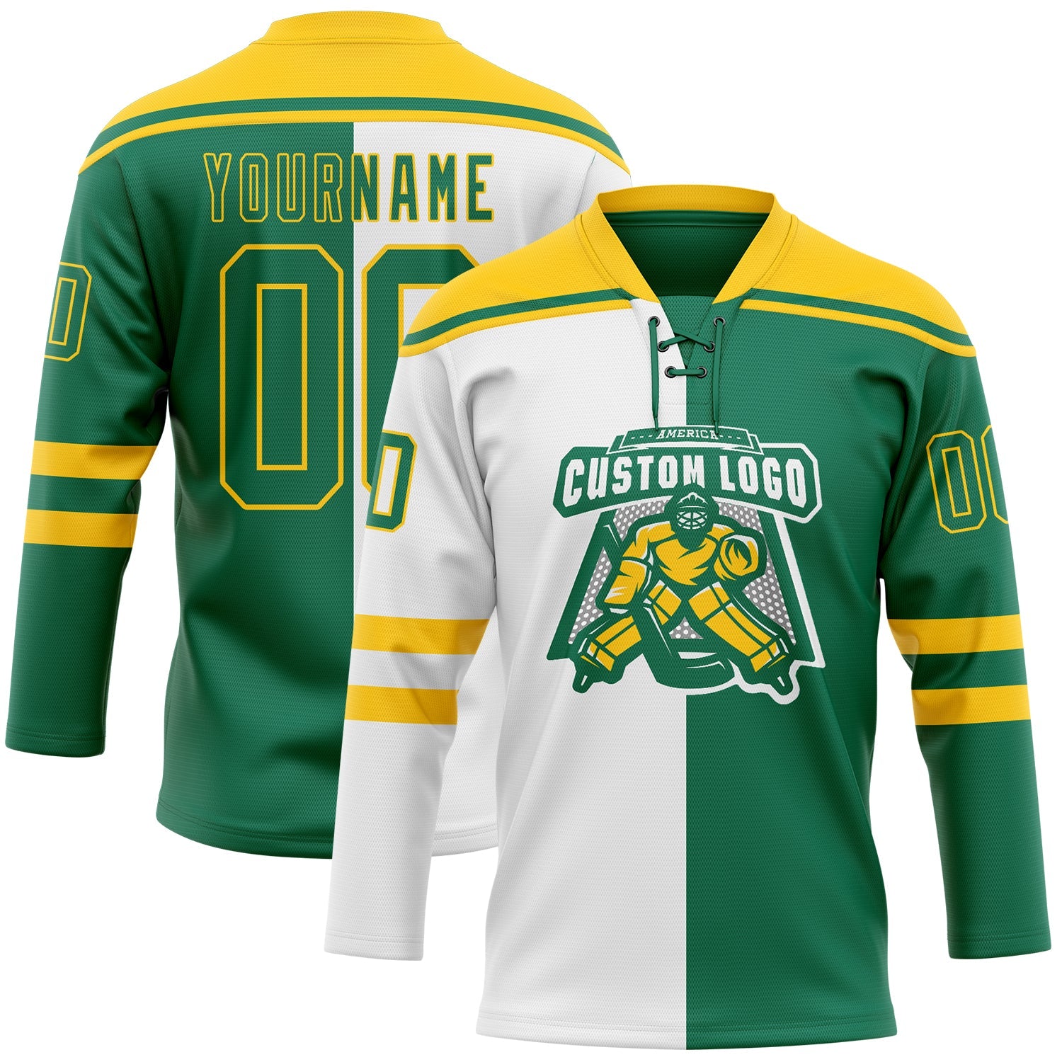 Custom Kelly Green Gold-White Split Fashion Hockey Lace Neck Jersey view 2