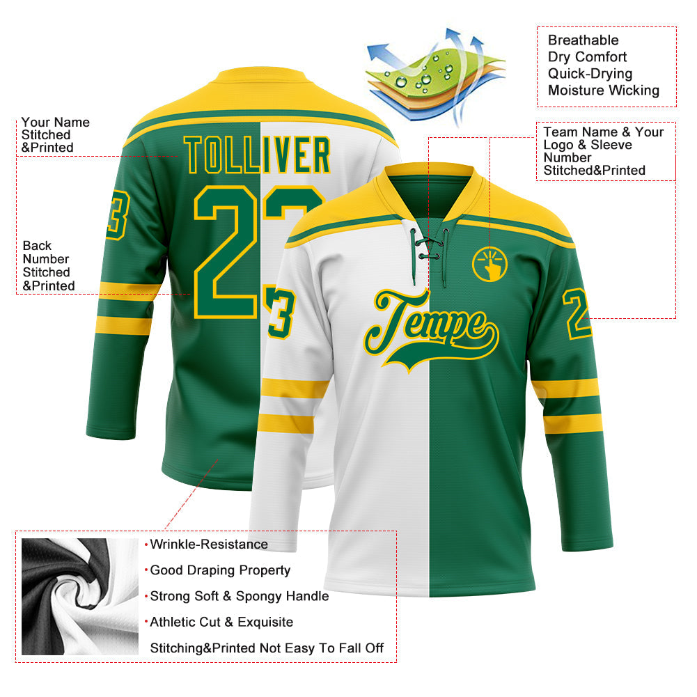 Custom Kelly Green Gold-White Split Fashion Hockey Lace Neck Jersey view 5
