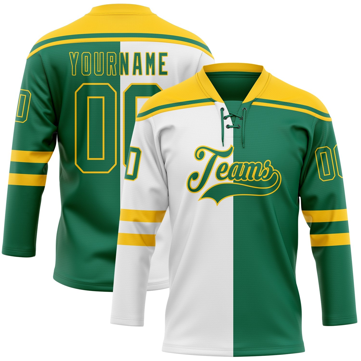 Custom Kelly Green Gold-White Split Fashion Hockey Lace Neck Jersey - Main View