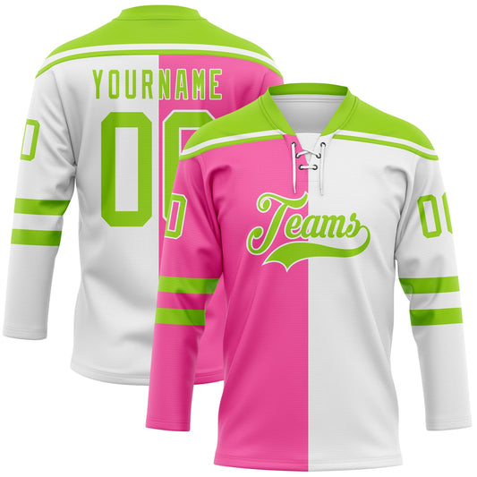 Custom White Neon Green-Pink Split Fashion Hockey Lace Neck Jersey - Main View