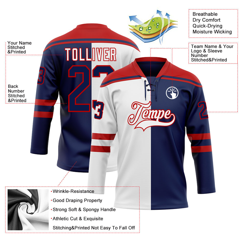 Custom Navy Red-White Split Fashion Hockey Lace Neck Jersey view 5