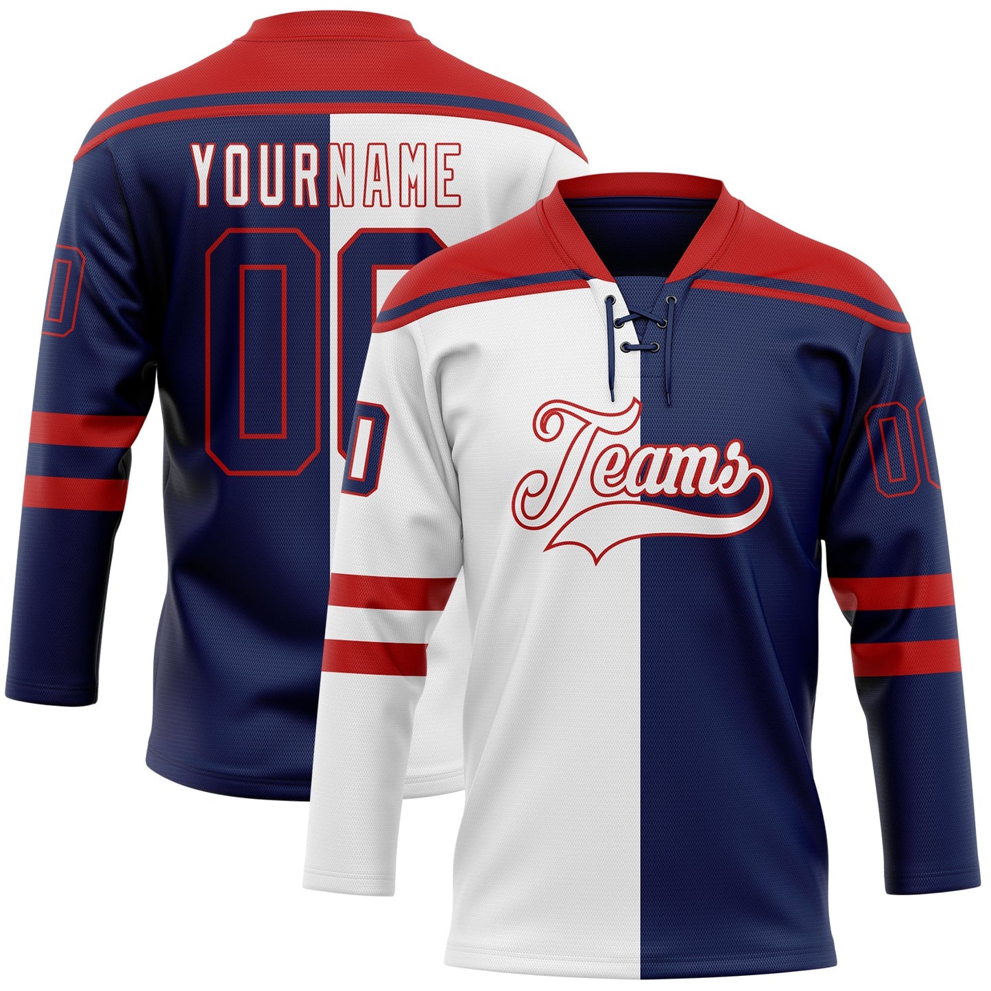 Custom Navy Red-White Split Fashion Hockey Lace Neck Jersey - Main View