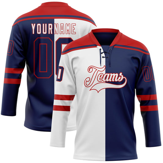 Custom Navy Red-White Split Fashion Hockey Lace Neck Jersey - Main View