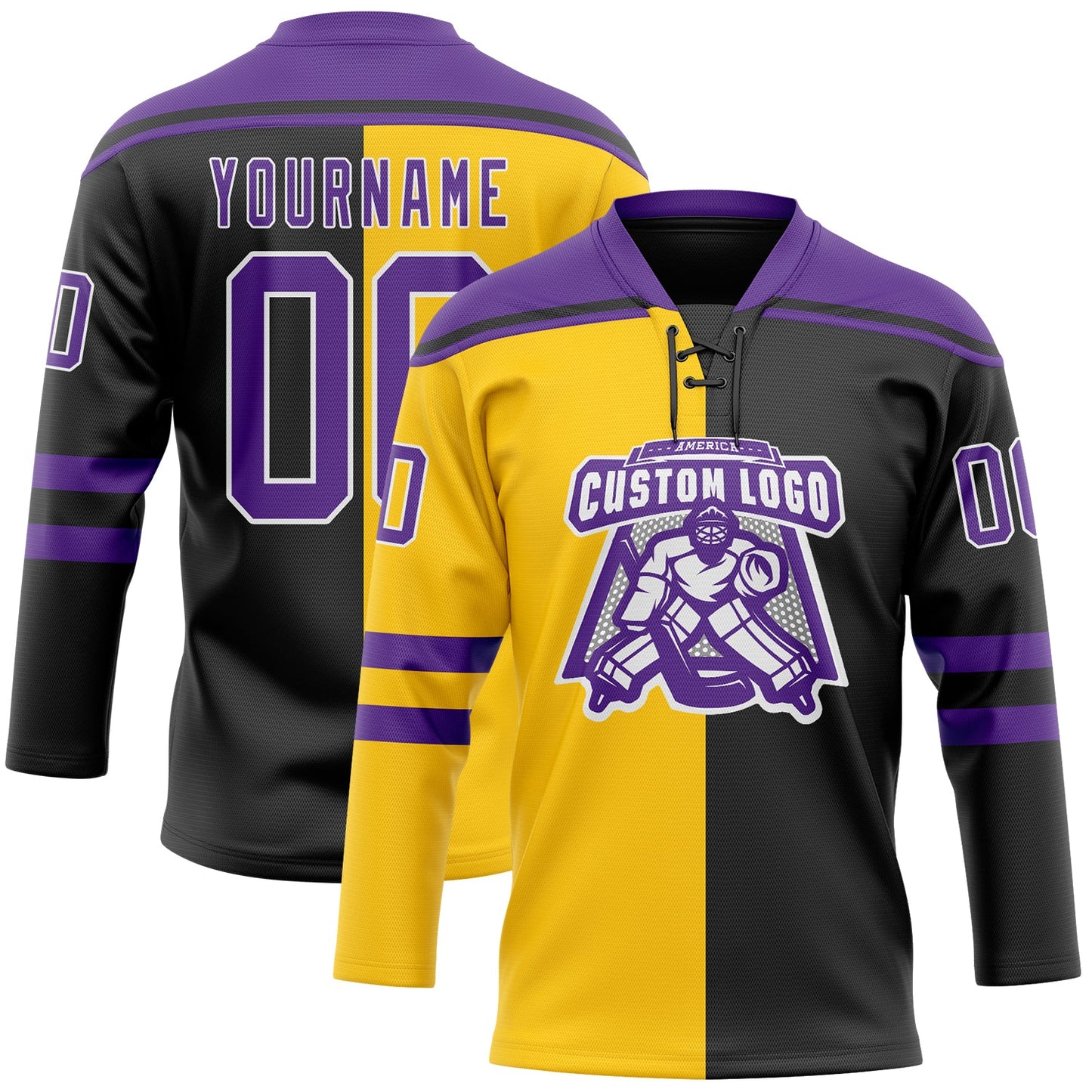 Custom Black Purple Yellow-White Split Fashion Hockey Lace Neck Jersey view 2