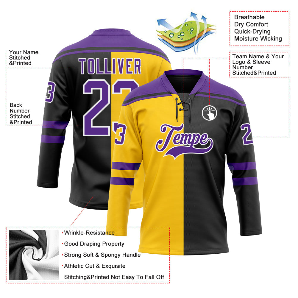 Custom Black Purple Yellow-White Split Fashion Hockey Lace Neck Jersey view 5