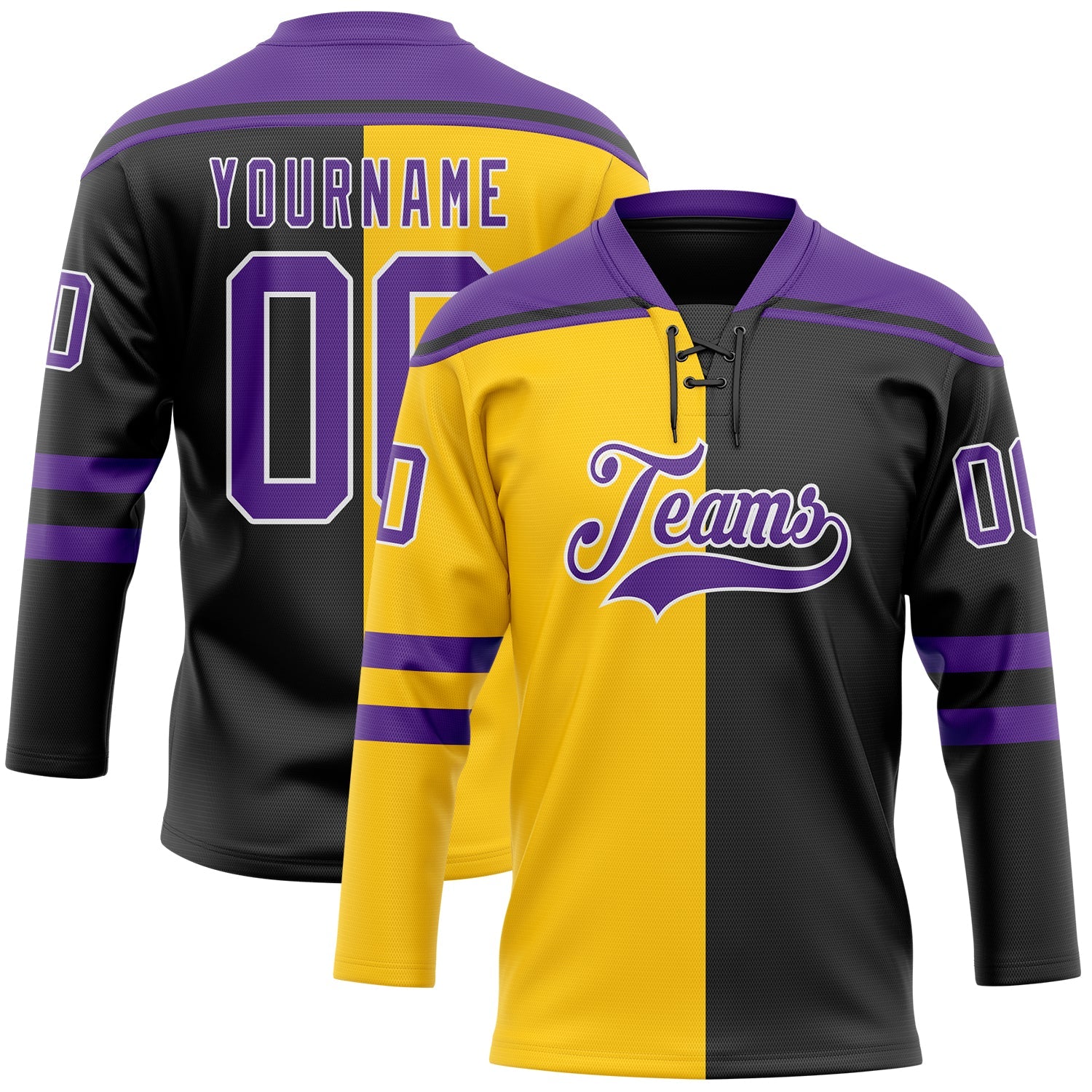 Custom Black Purple Yellow-White Split Fashion Hockey Lace Neck Jersey - Main View