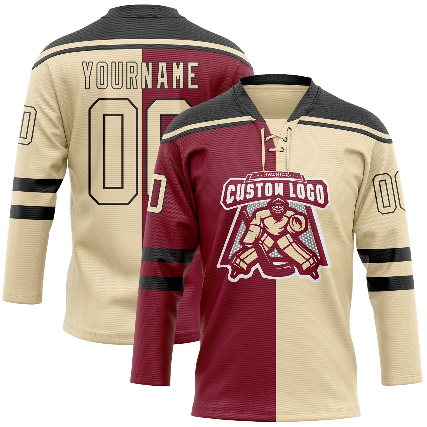 Custom Cream Crimson-Black Split Fashion Hockey Lace Neck Jersey view 2