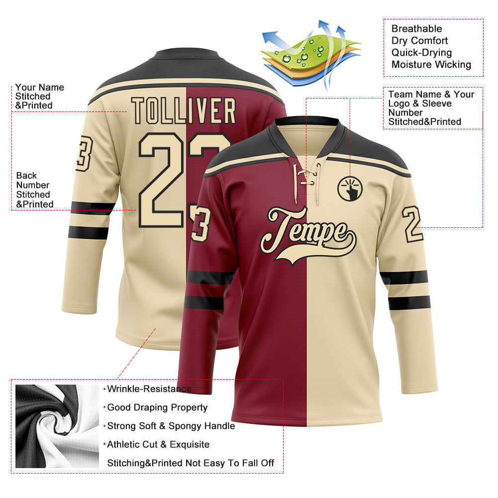 Custom Cream Crimson-Black Split Fashion Hockey Lace Neck Jersey view 5