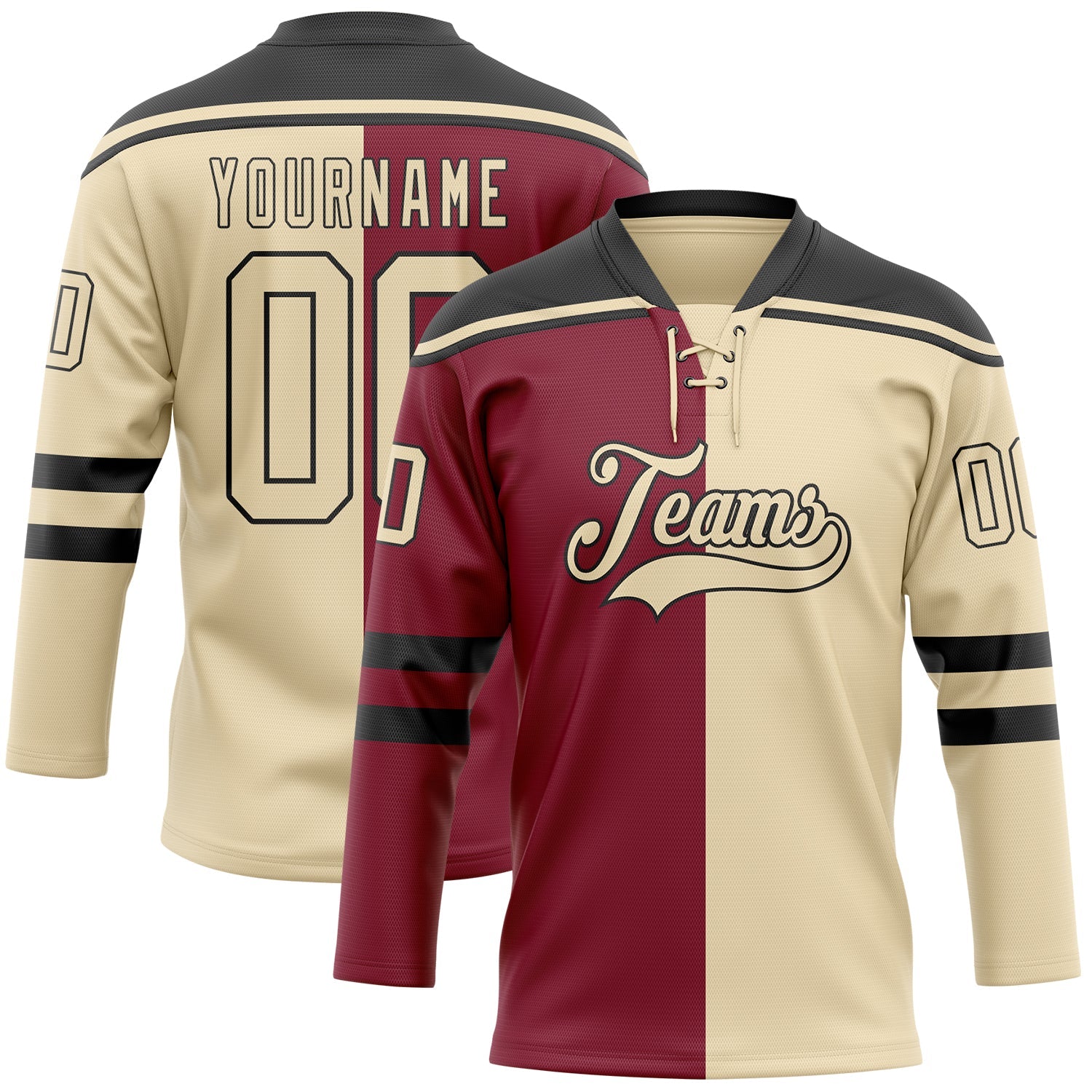 Custom Cream Crimson-Black Split Fashion Hockey Lace Neck Jersey - Main View