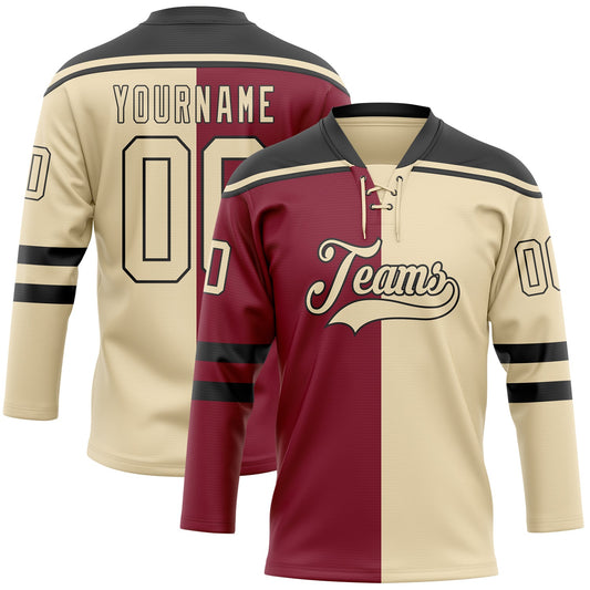 Custom Cream Crimson-Black Split Fashion Hockey Lace Neck Jersey - Main View