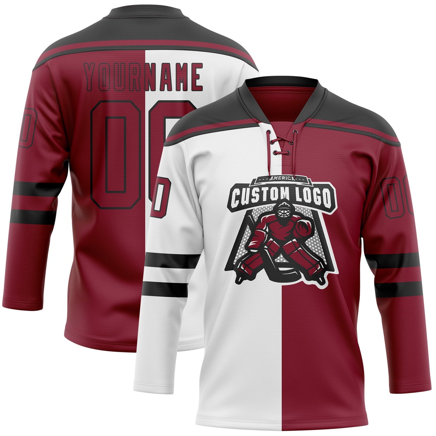 Custom Crimson Black-White Split Fashion Hockey Lace Neck Jersey view 2
