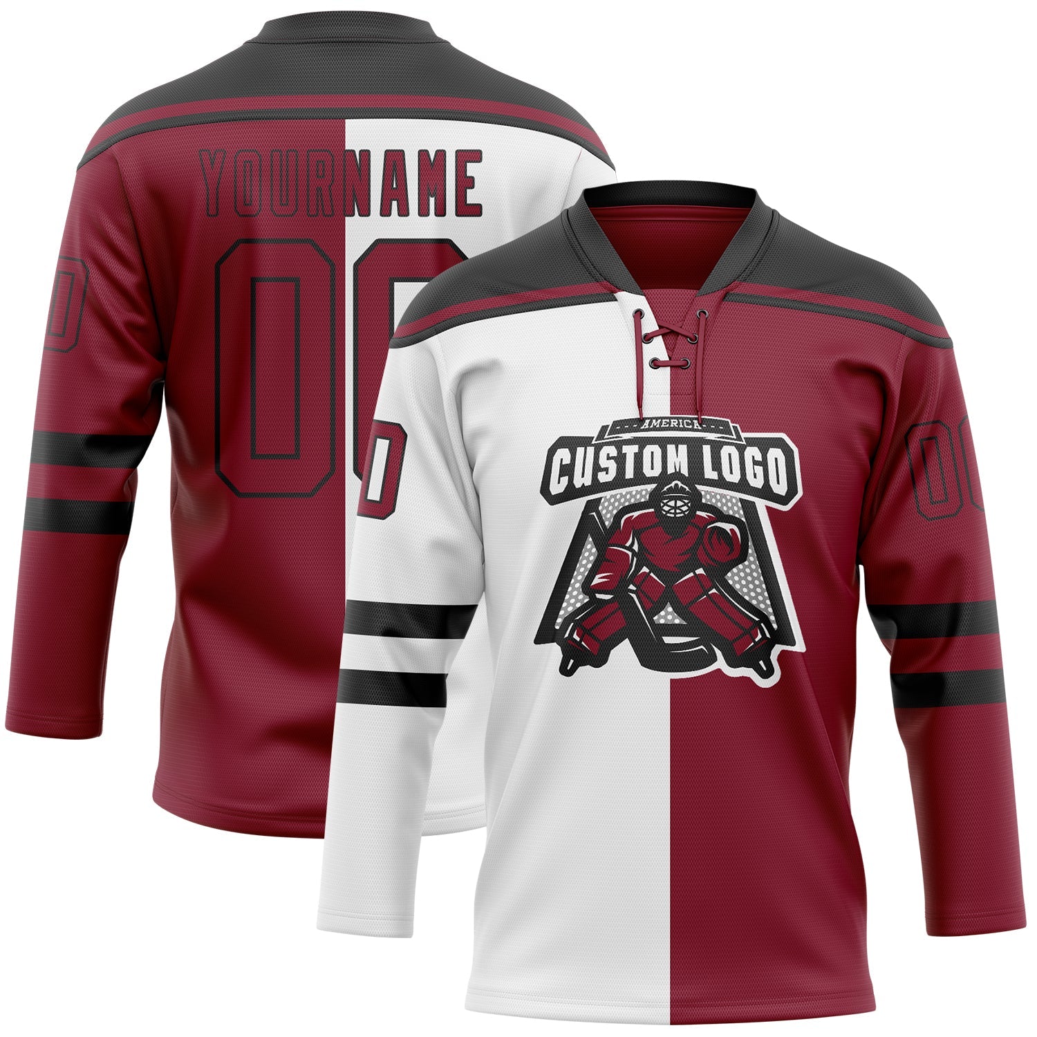 Custom Crimson Black-White Split Fashion Hockey Lace Neck Jersey view 2