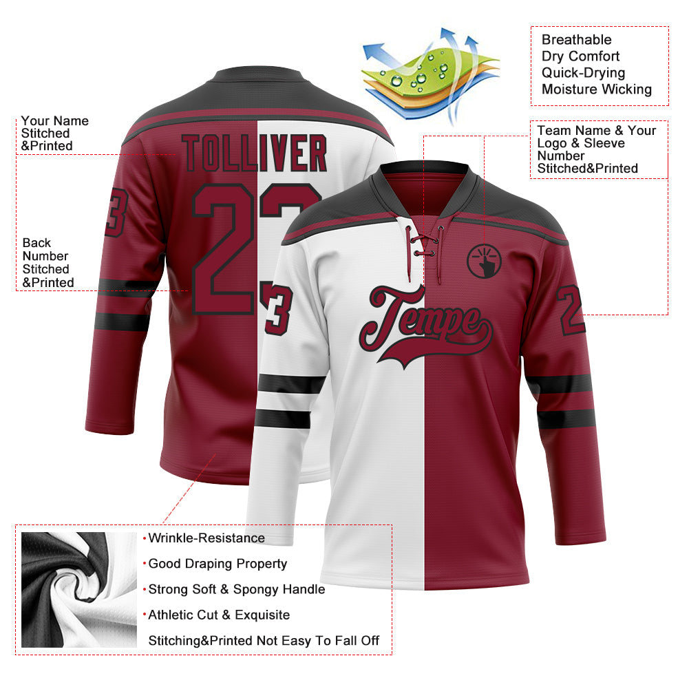Custom Crimson Black-White Split Fashion Hockey Lace Neck Jersey view 5