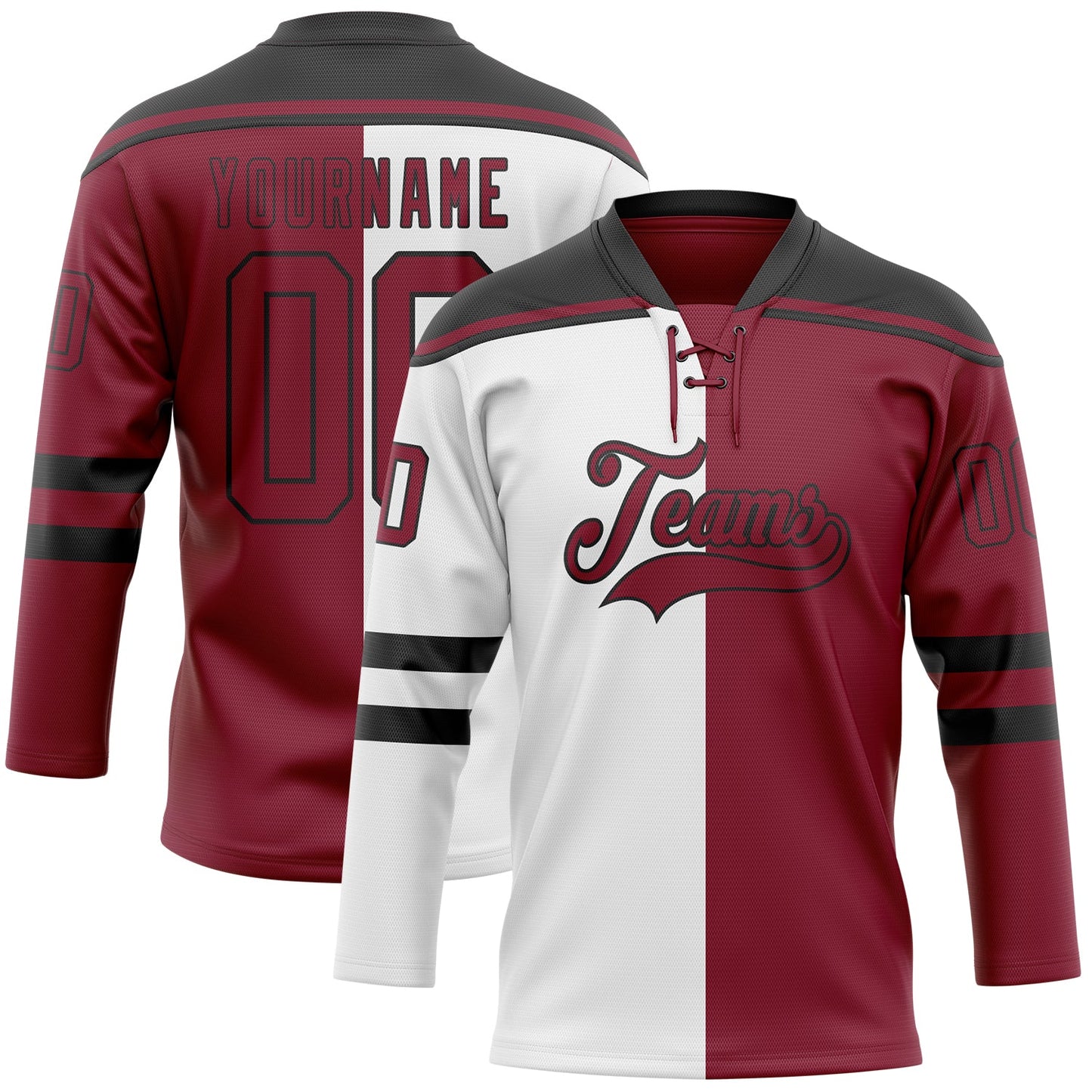Custom Crimson Black-White Split Fashion Hockey Lace Neck Jersey - Main View
