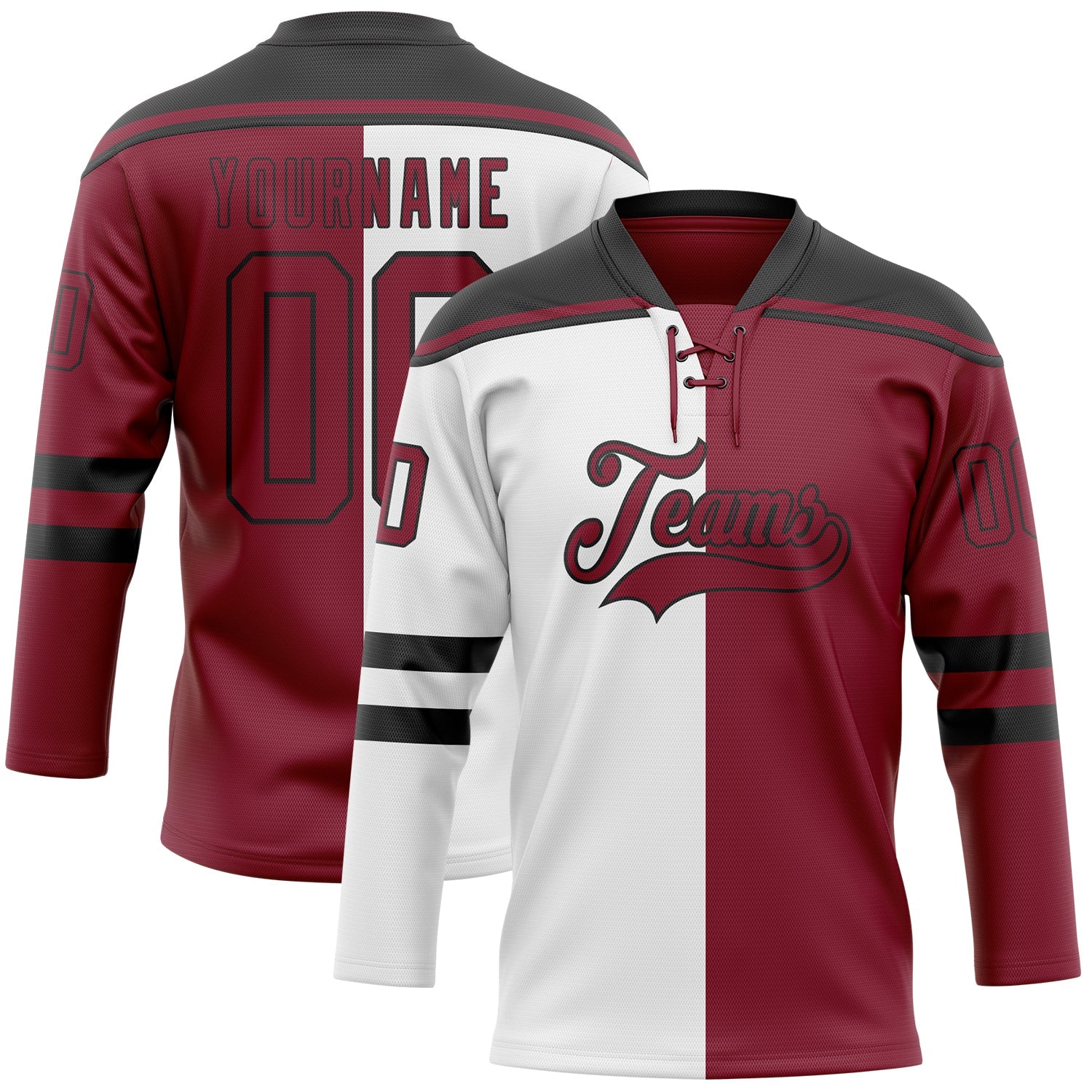 Custom Crimson Black-White Split Fashion Hockey Lace Neck Jersey - Main View