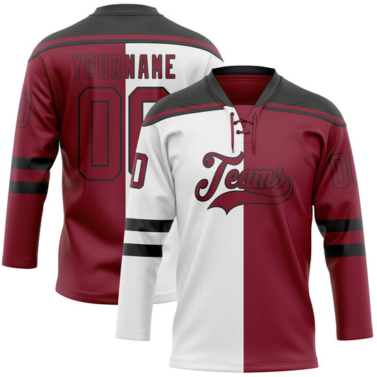 Custom Crimson Black-White Split Fashion Hockey Lace Neck Jersey - Main View