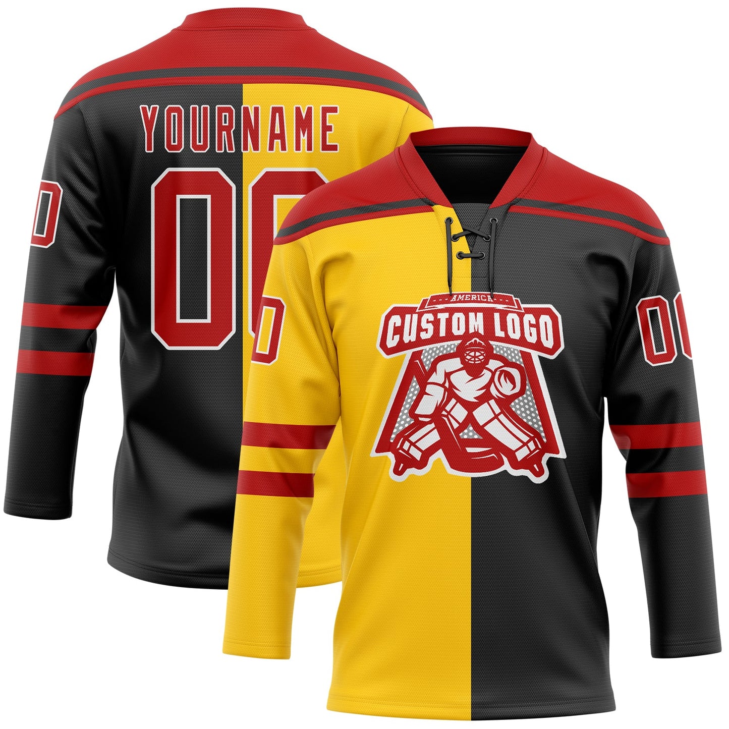 Custom Black Red Yellow-White Split Fashion Hockey Lace Neck Jersey view 2
