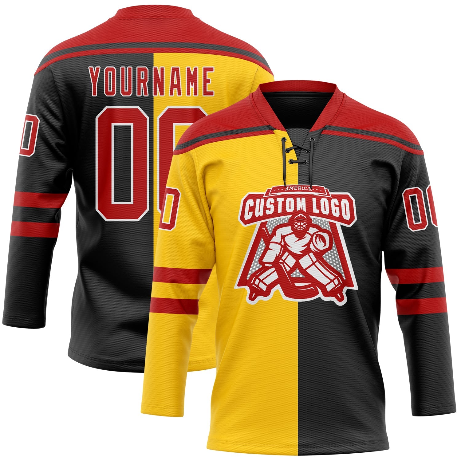 Custom Black Red Yellow-White Split Fashion Hockey Lace Neck Jersey view 2