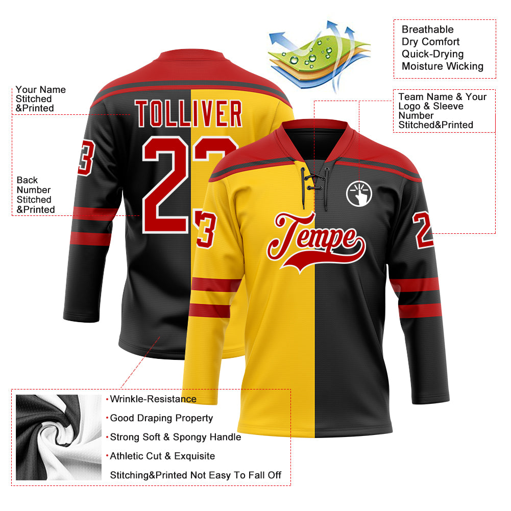 Custom Black Red Yellow-White Split Fashion Hockey Lace Neck Jersey view 5