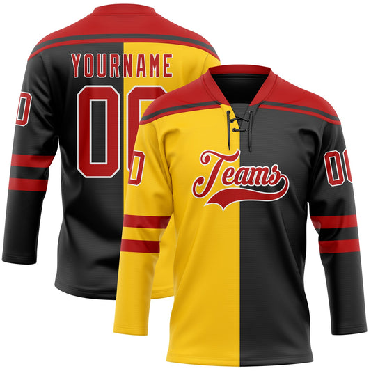 Custom Black Red Yellow-White Split Fashion Hockey Lace Neck Jersey - Main View