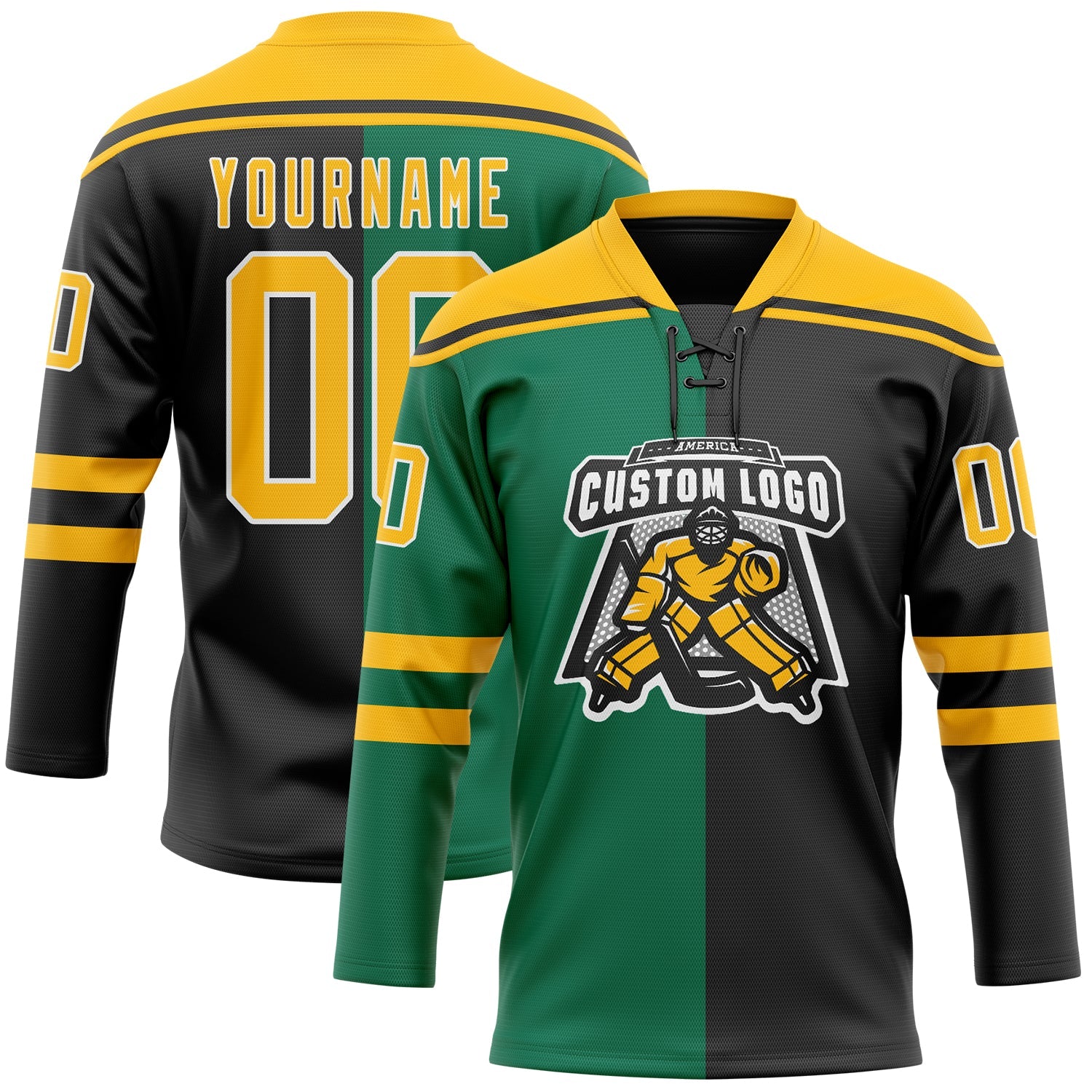 Custom Black Gold Kelly Green-White Split Fashion Hockey Lace Neck Jersey view 2