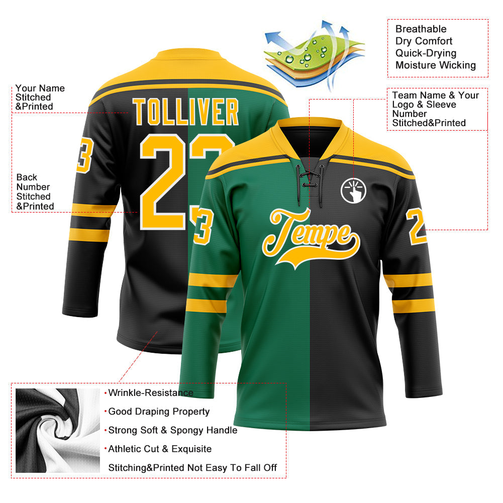 Custom Black Gold Kelly Green-White Split Fashion Hockey Lace Neck Jersey view 5