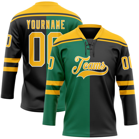 Custom Black Gold Kelly Green-White Split Fashion Hockey Lace Neck Jersey - Main View