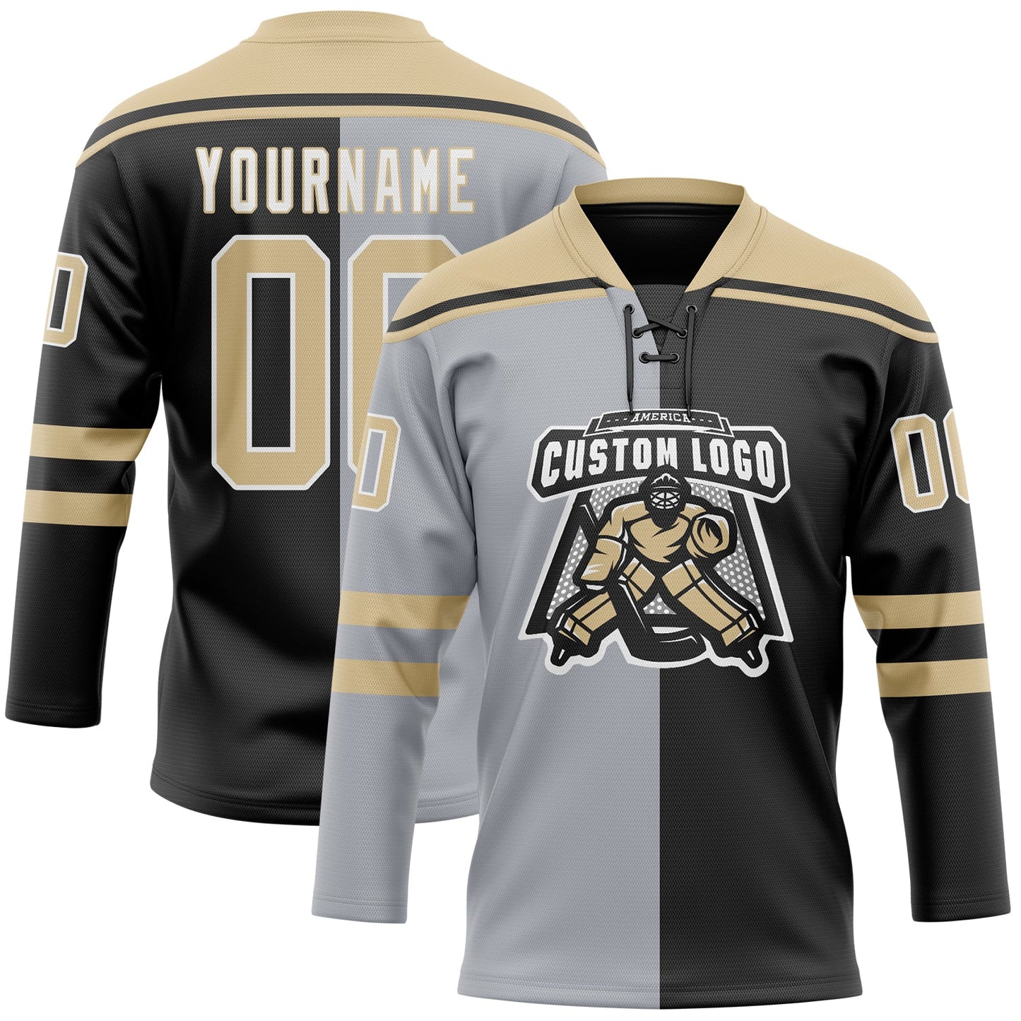 Custom Black Vegas Gold Gray-White Split Fashion Hockey Lace Neck Jersey view 2