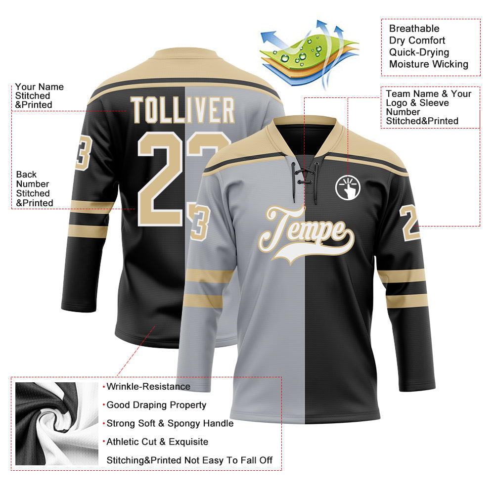 Custom Black Vegas Gold Gray-White Split Fashion Hockey Lace Neck Jersey view 5