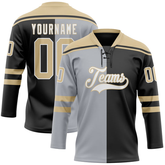 Custom Black Vegas Gold Gray-White Split Fashion Hockey Lace Neck Jersey - Main View