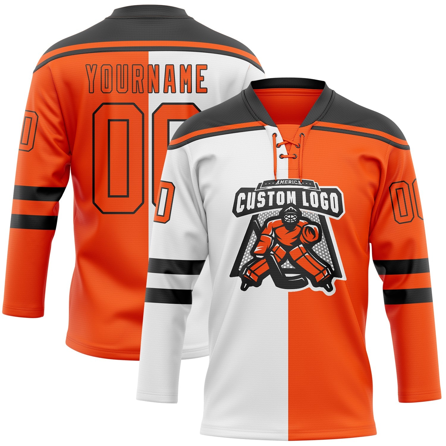 Custom Orange Black-White Split Fashion Hockey Lace Neck Jersey view 2