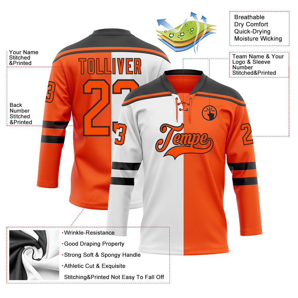 Custom Orange Black-White Split Fashion Hockey Lace Neck Jersey view 5