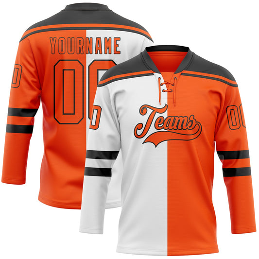 Custom Orange Black-White Split Fashion Hockey Lace Neck Jersey - Main View