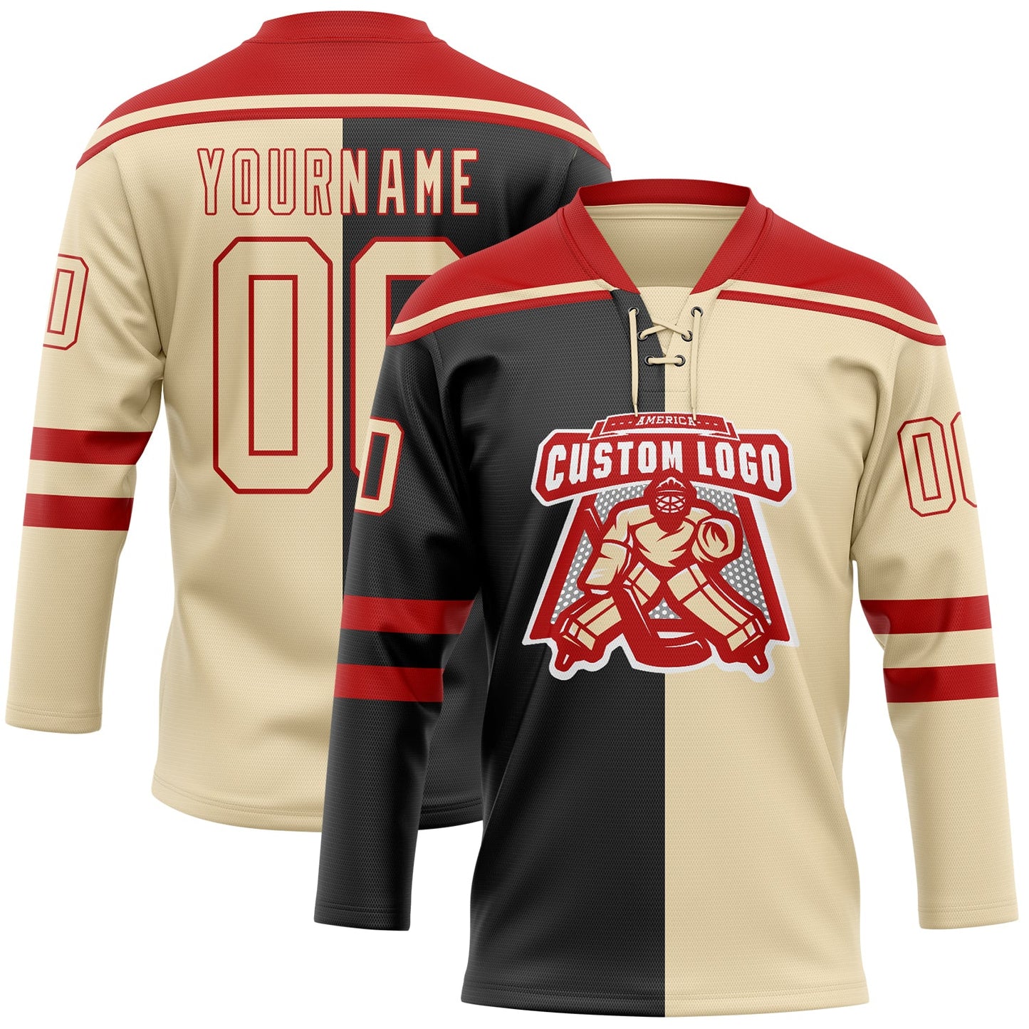 Custom Cream Black-Red Split Fashion Hockey Lace Neck Jersey view 2