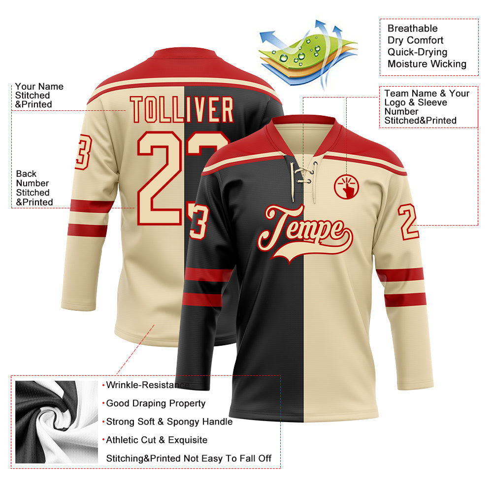 Custom Cream Black-Red Split Fashion Hockey Lace Neck Jersey view 5
