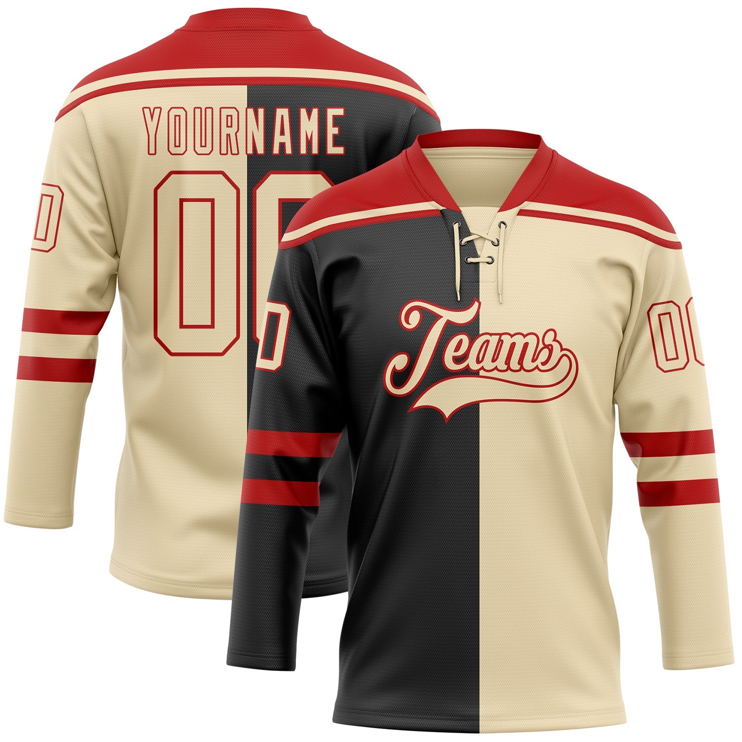 Custom Cream Black-Red Split Fashion Hockey Lace Neck Jersey - Main View