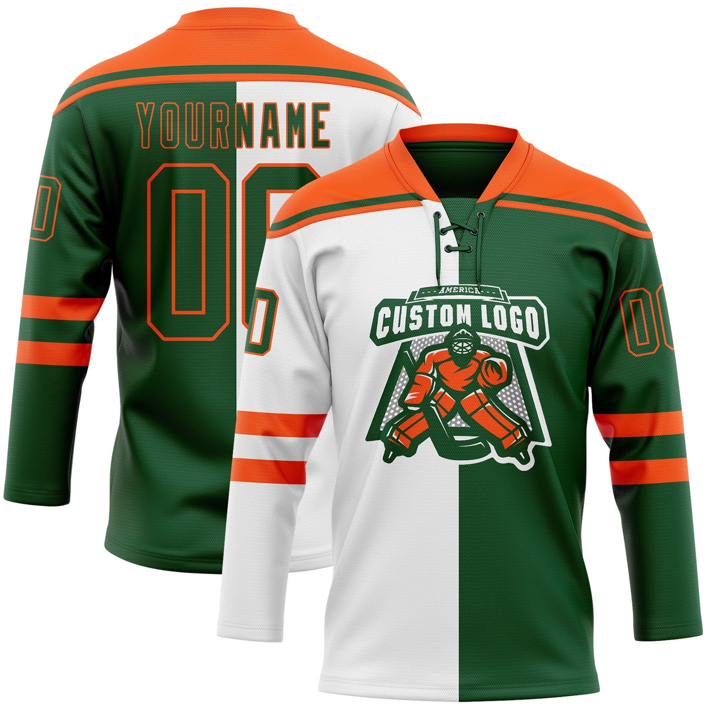Custom Green Orange-White Split Fashion Hockey Lace Neck Jersey view 2