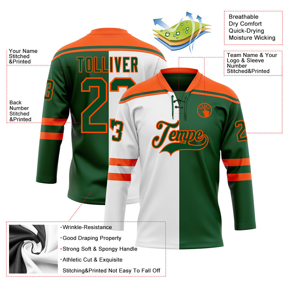 Custom Green Orange-White Split Fashion Hockey Lace Neck Jersey view 5