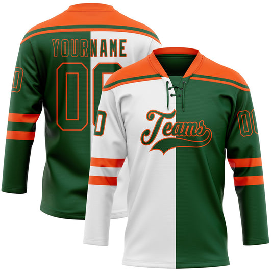 Custom Green Orange-White Split Fashion Hockey Lace Neck Jersey - Main View