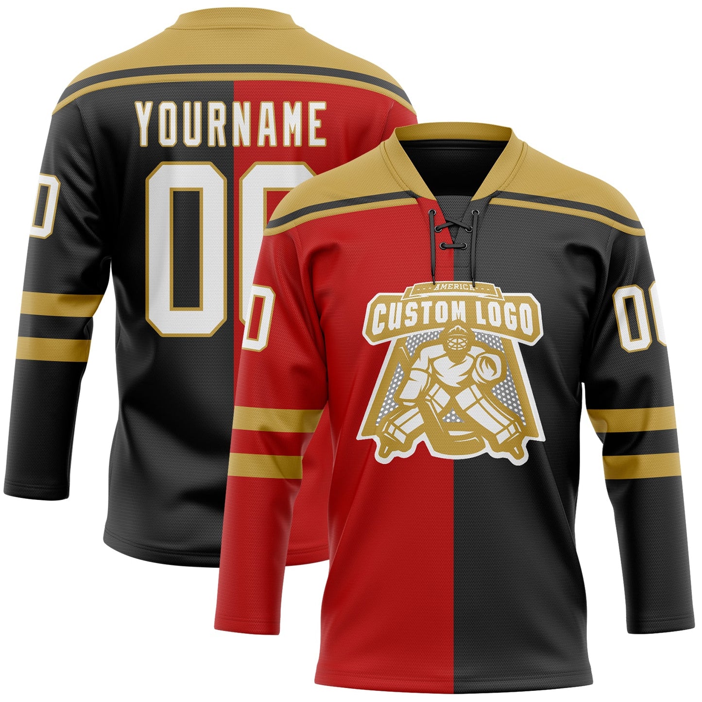 Custom Black White Red-Old Gold Split Fashion Hockey Lace Neck Jersey view 2