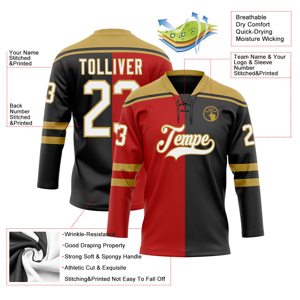 Custom Black White Red-Old Gold Split Fashion Hockey Lace Neck Jersey view 5