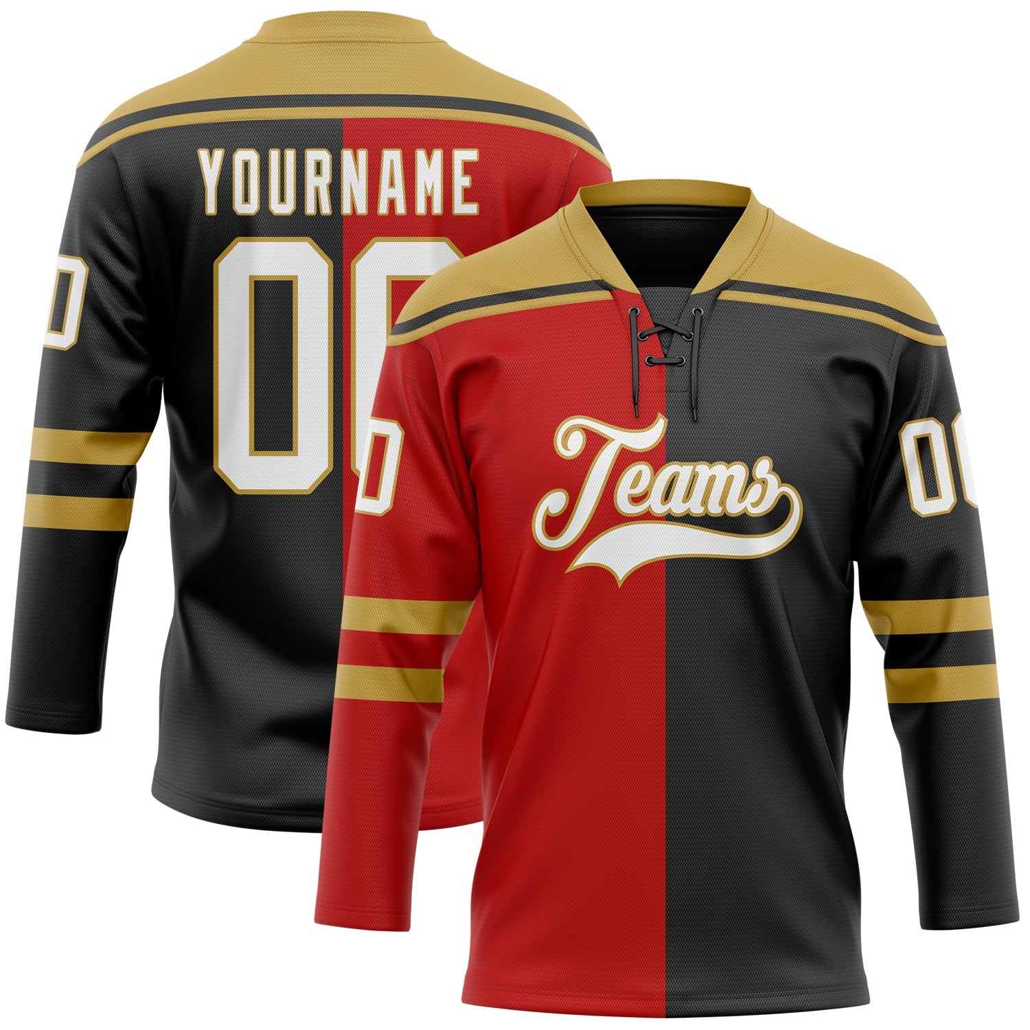 Custom Black White Red-Old Gold Split Fashion Hockey Lace Neck Jersey - Main View