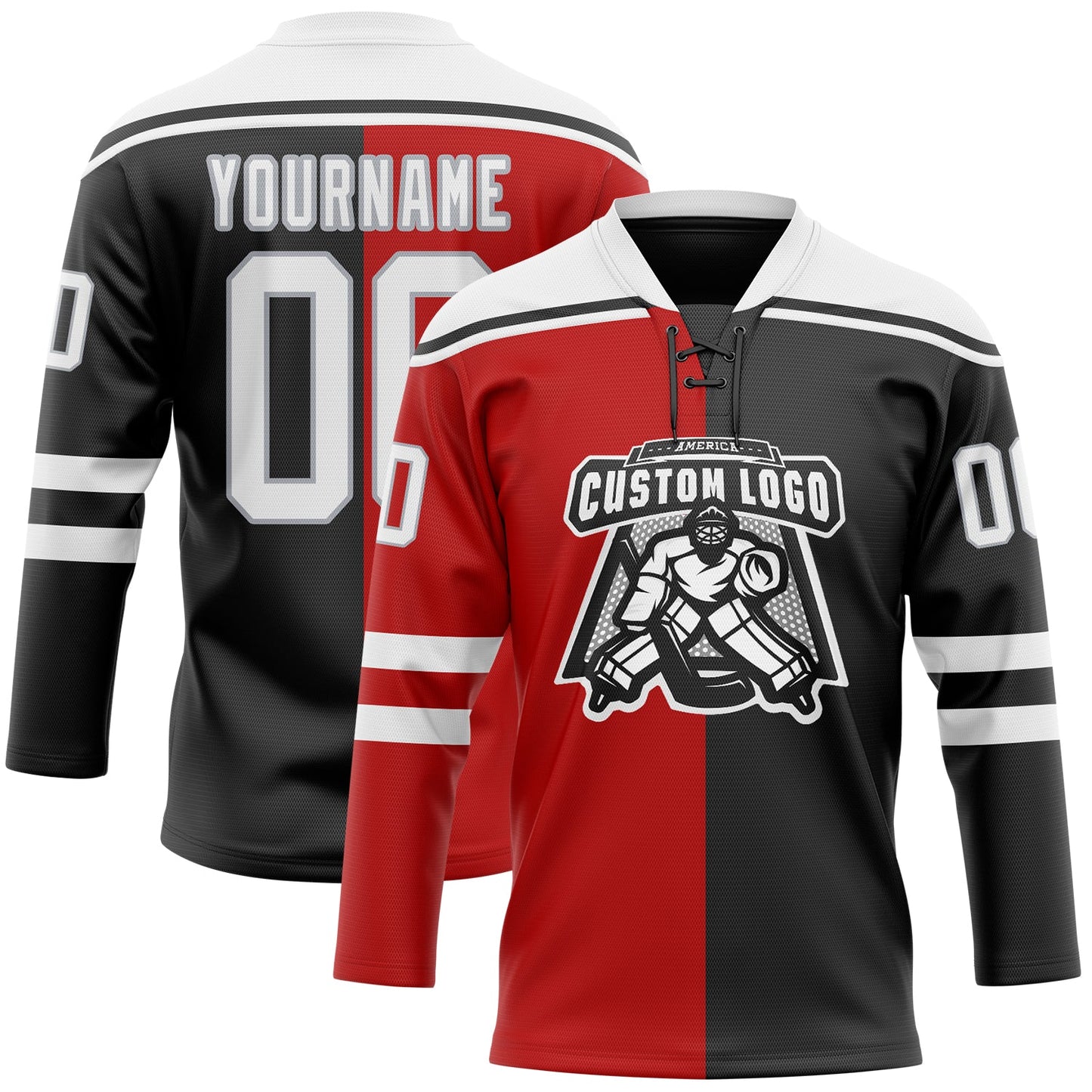 Custom Black White Red-Gray Split Fashion Hockey Lace Neck Jersey view 2
