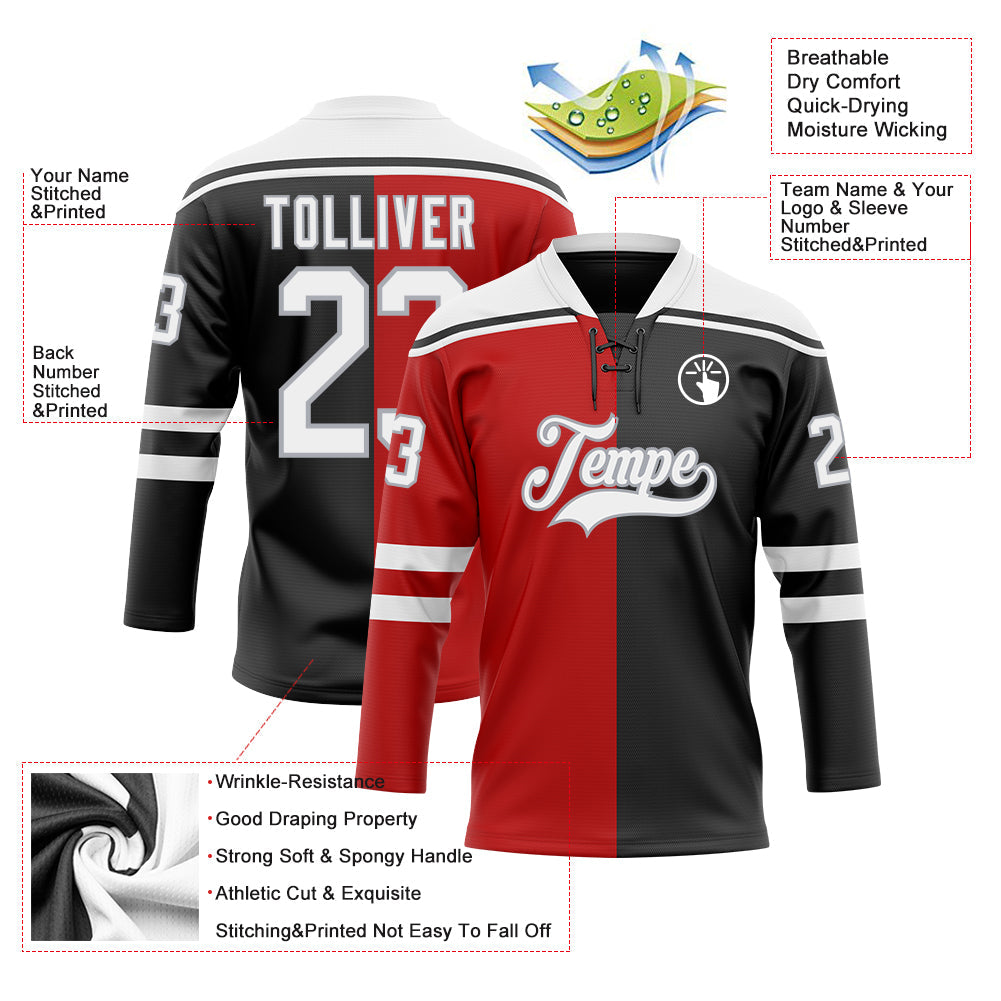 Custom Black White Red-Gray Split Fashion Hockey Lace Neck Jersey view 5
